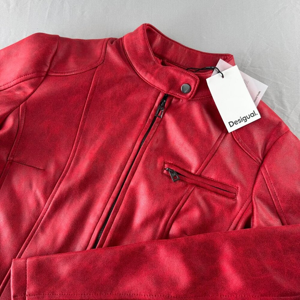 Desigual Women's Red Moto Biker Soft Faux Leather Jacket NWT Mandarin Collar L - Picture 1 of 11